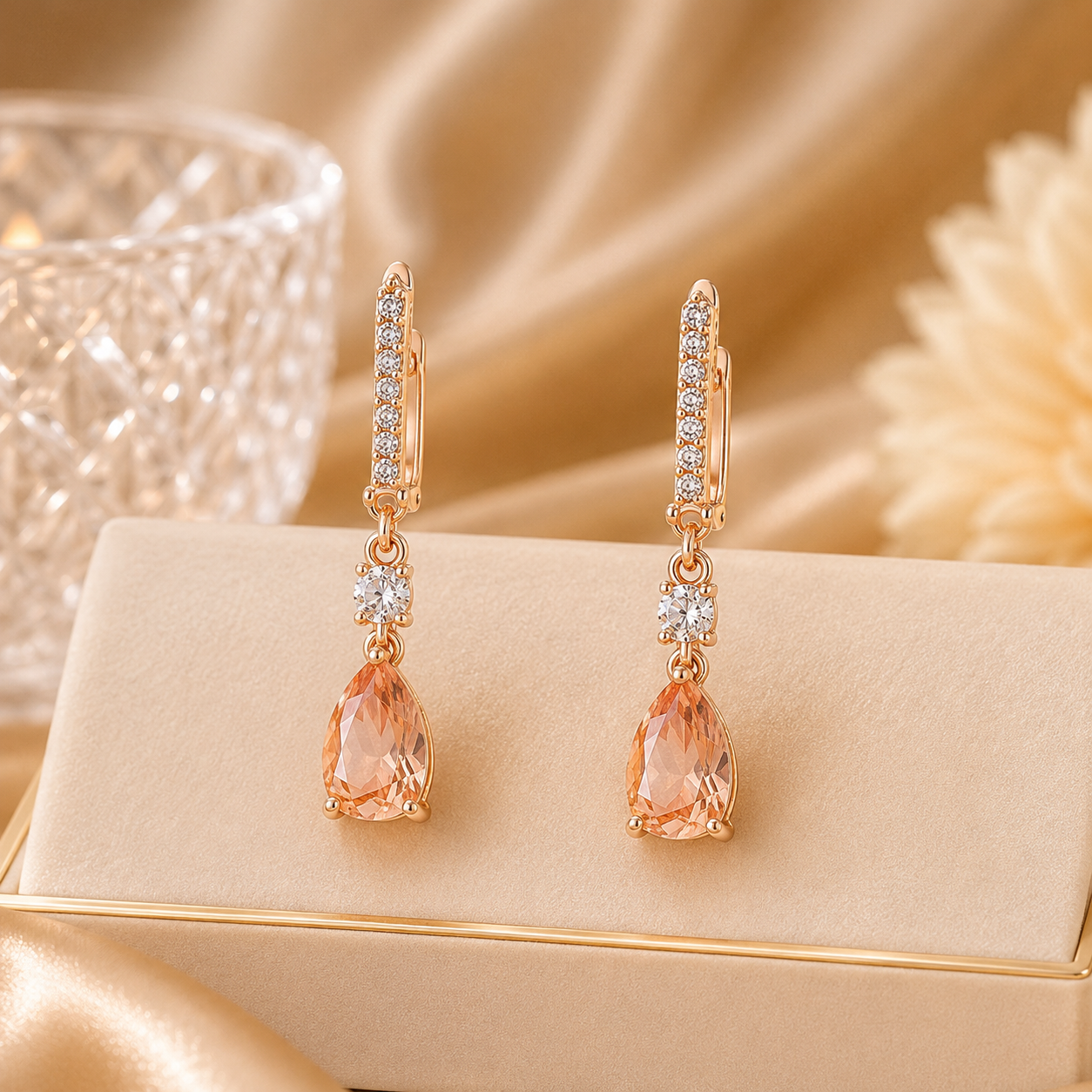 Gold Plated Floral Crystal Drop Earrings for Women