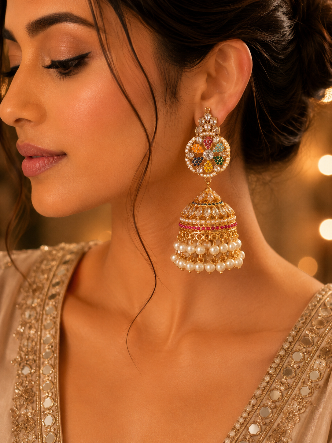 Luxury Multicolor Kundan Pearl Bridal Jhumka Earrings for Women