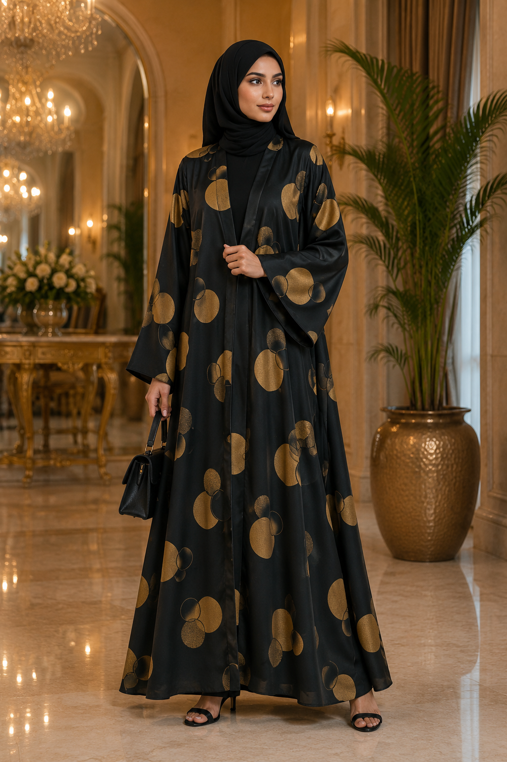 Korean Nida Printed Abaya – Elegant Circle Design