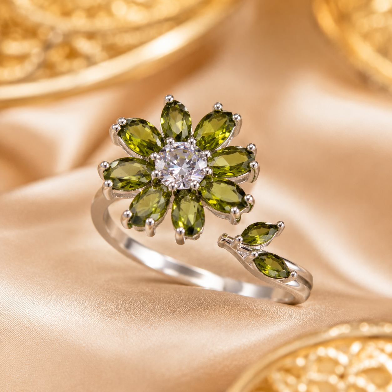 Luxury Silver Plated Green Crystal Flower Ring
