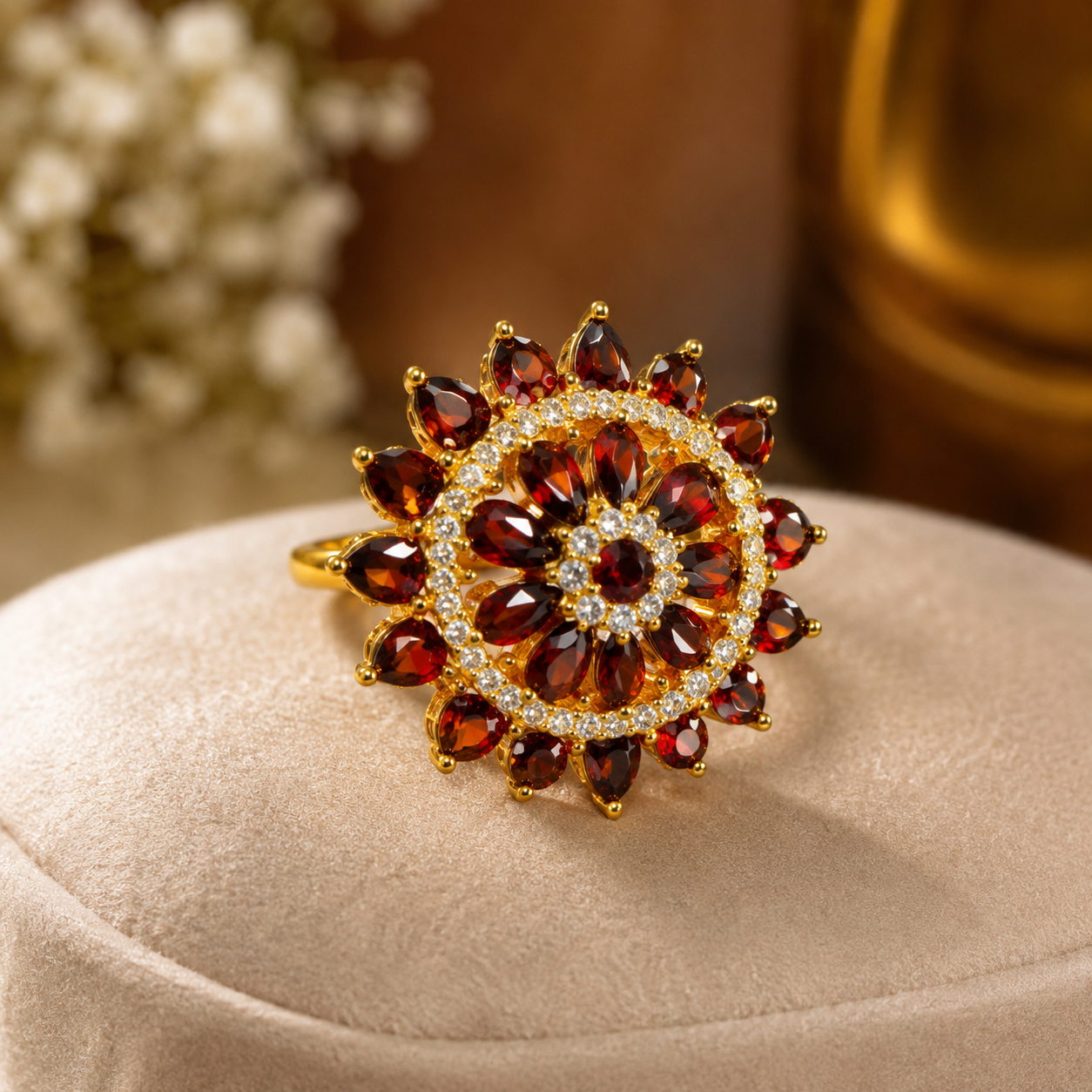 Gold Plated Adjustable Floral Crystal Ring for Women