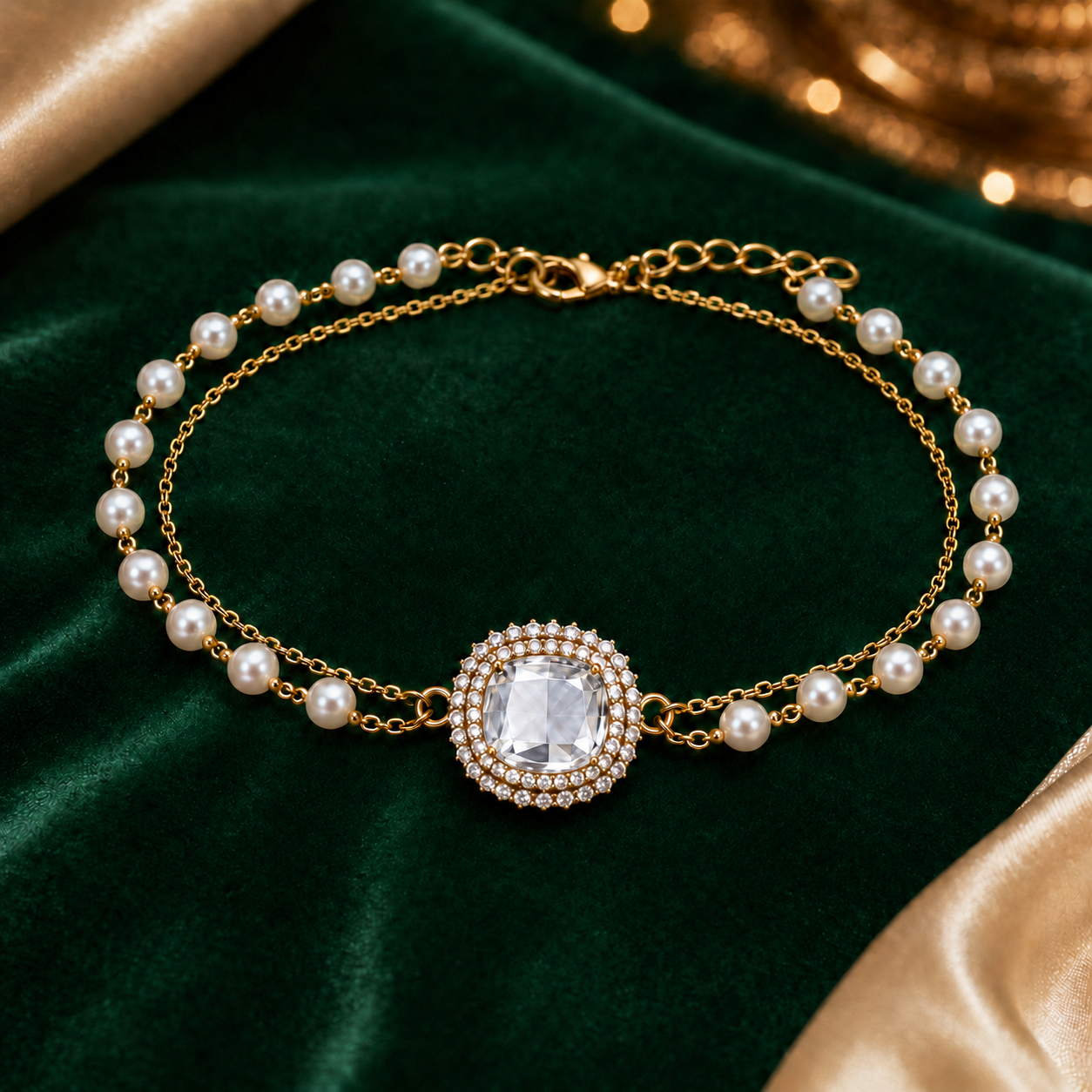 A gold chain necklace with white pearls and a central square clear crystal pendant surrounded by small clear stones, displayed on a dark green velvet fabric background.