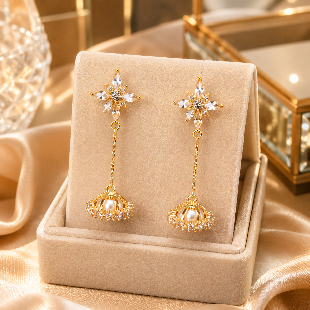 Gold Plated Floral Crystal Drop Earrings for Women