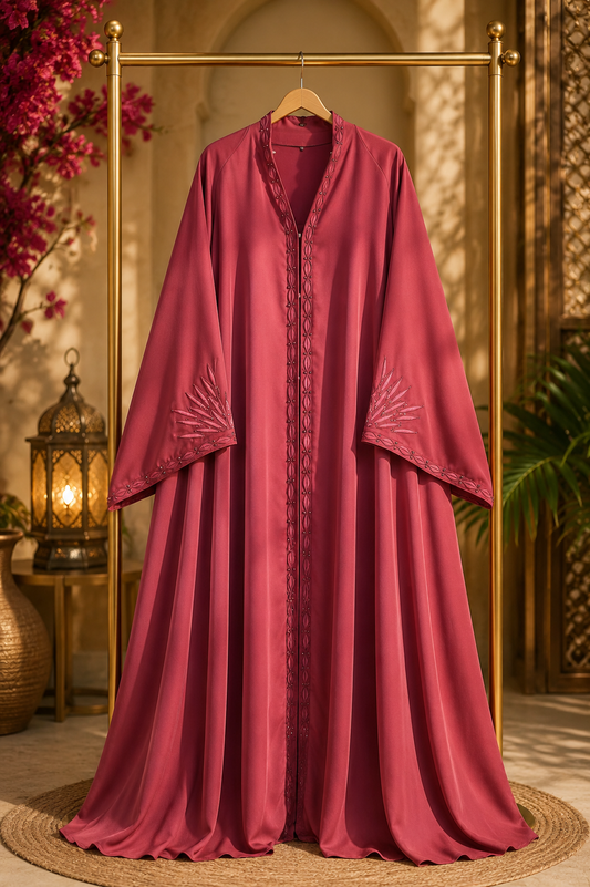 A long, flowing abaya dress in a rich dusty rose or burgundy-red shade, hanging on a gold clothing rack. The garment features a V-neckline, a buttoned front placket, and embroidered details on the wide sleeves.