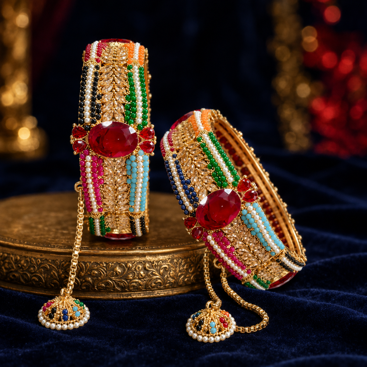 Two ornate gold-toned bangles decorated with multicolored beaded stripes and large red stones, displayed on a gold pedestal against a dark blue velvet background.