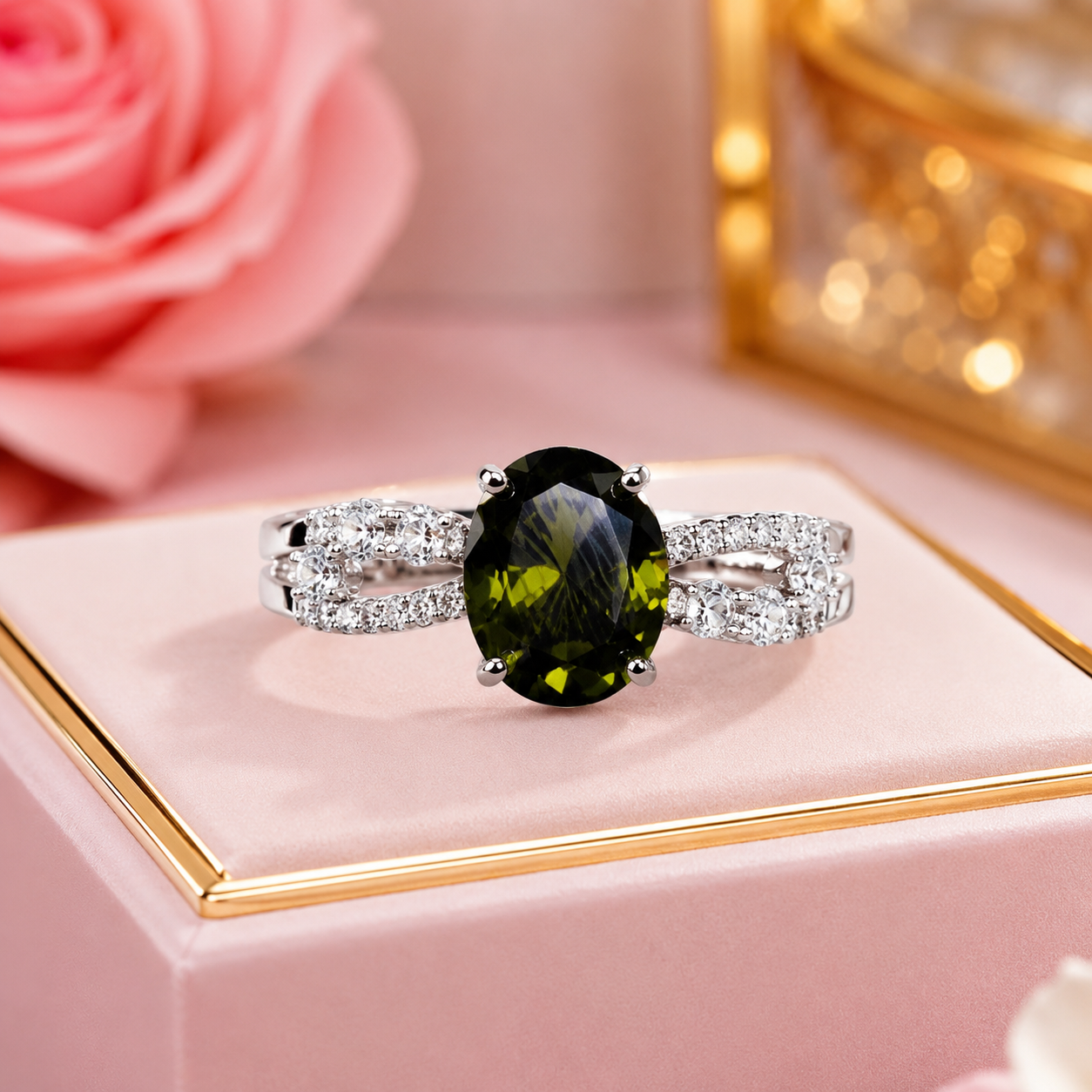 Luxury Silver Plated Oval Crystal Ring for Women | Elegant Adjustable Statement Ring