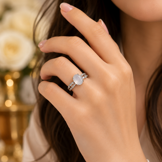 Luxury Silver Plated Oval Crystal Ring for Women | Elegant Adjustable Statement Ring