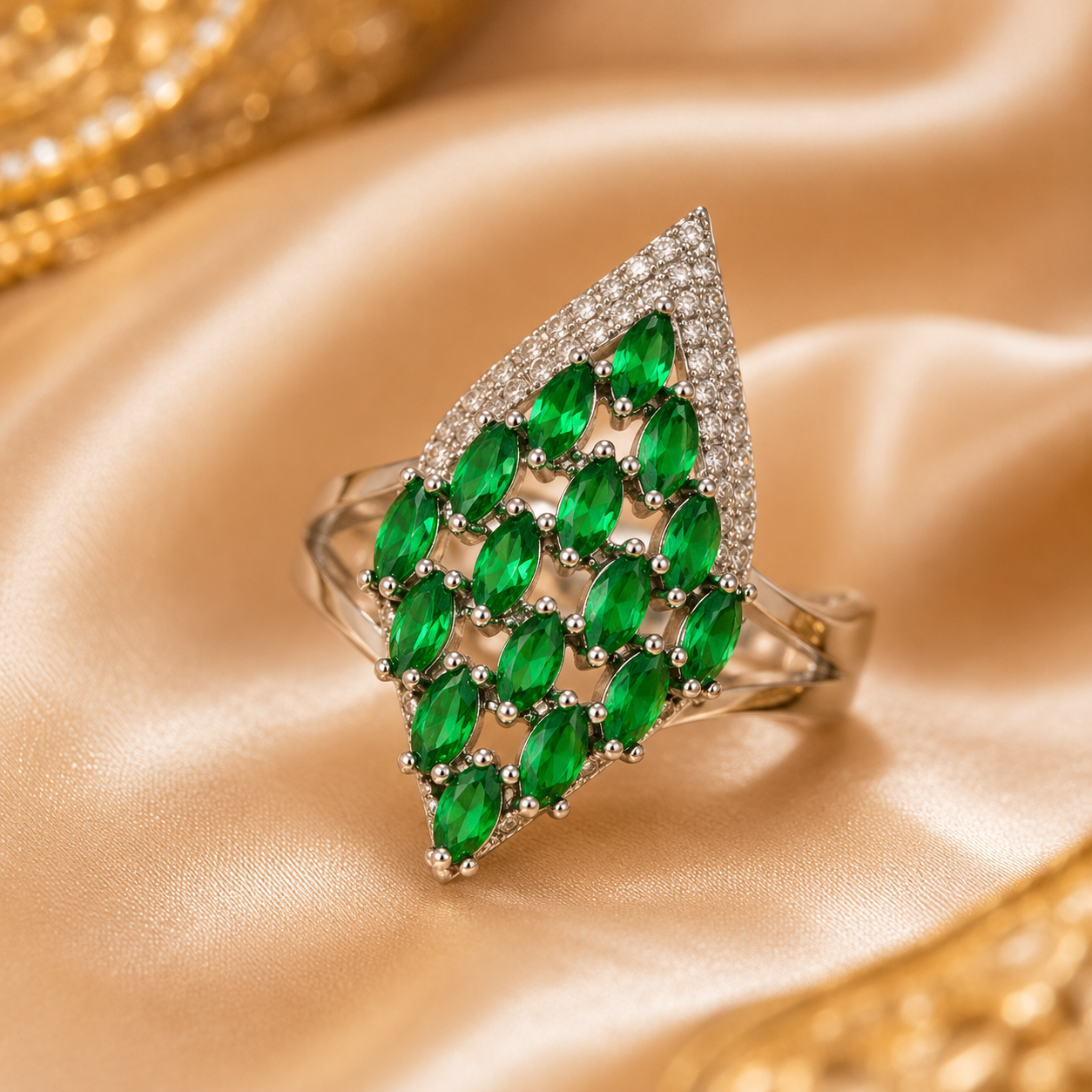 Luxury Emerald Bridal Silver Plated Statement Ring