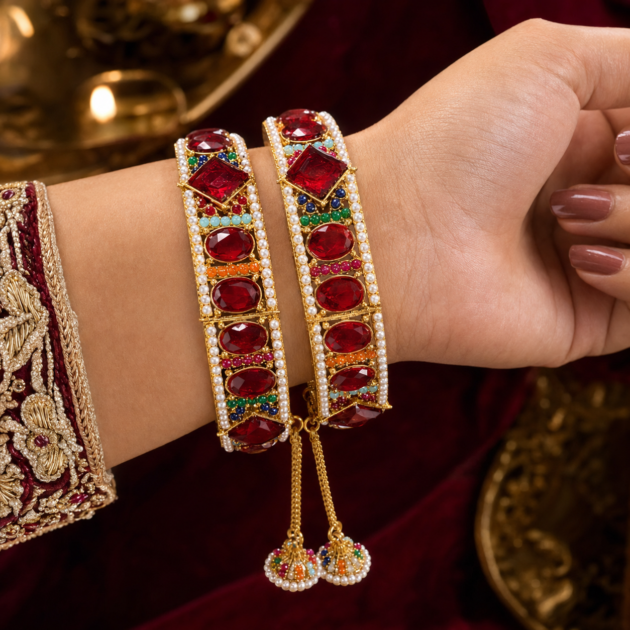 Premium Openable Ruby Stone Bridal Bangles with Jhumka Latkans – Pair