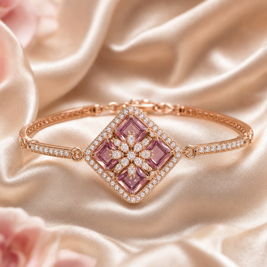 Rose Gold Pink Crystal Floral Bracelet for Women