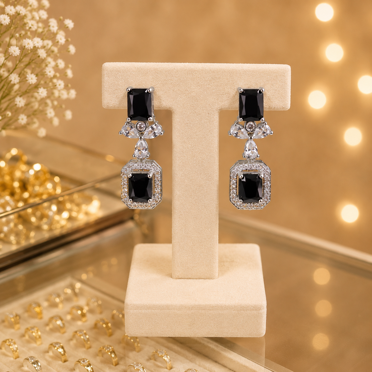 Gold Plated Floral Crystal Drop Earrings for Women
