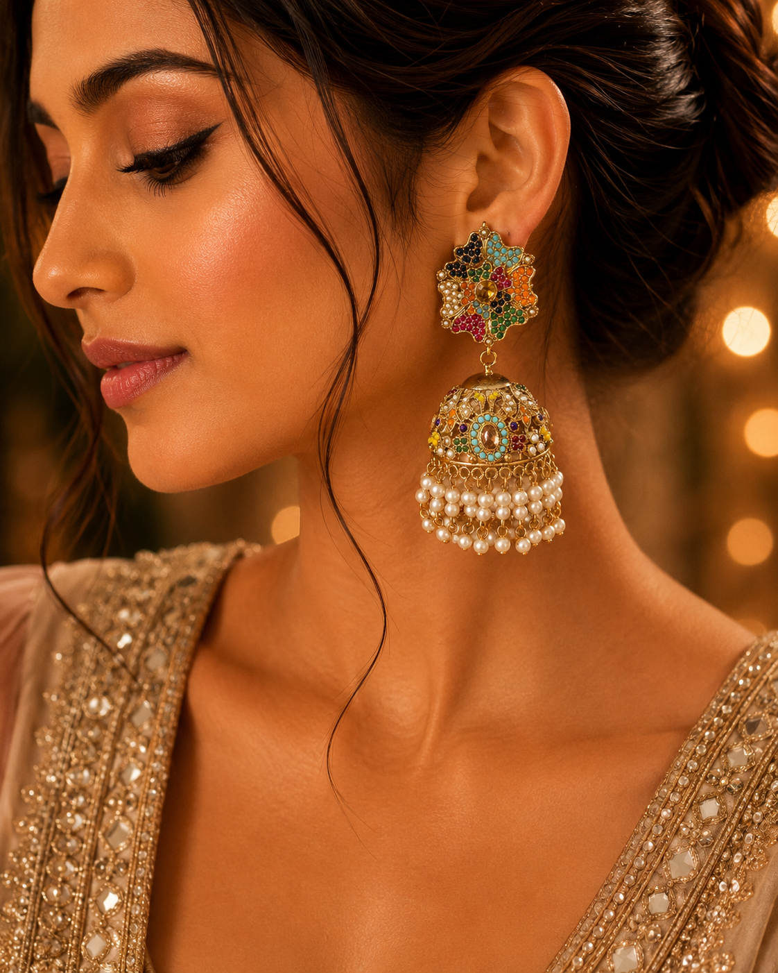 Luxury Multicolor Kundan Pearl Bridal Jhumka Earrings for Women
