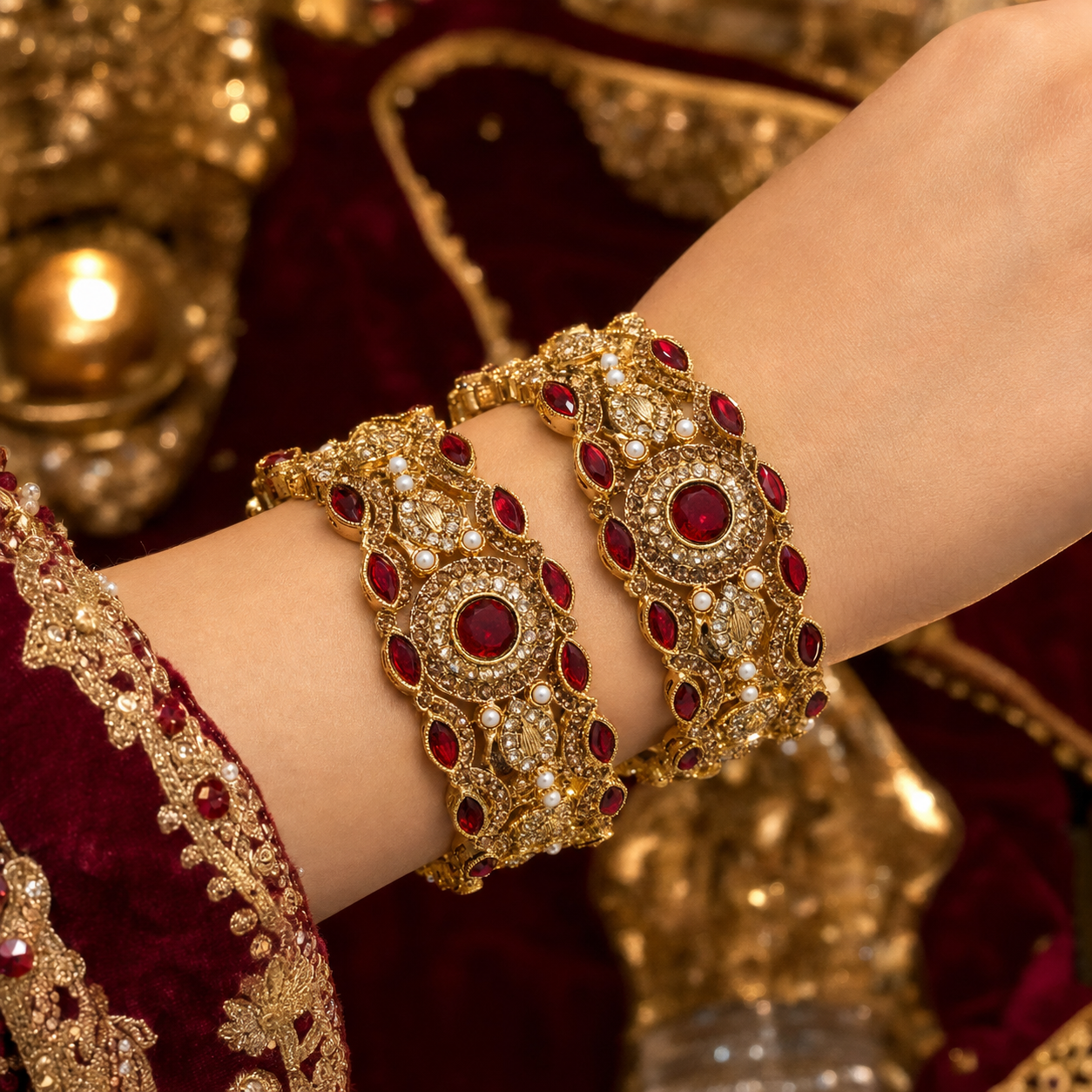 A close-up of a person's wrist wearing ornate gold bangles decorated with red stones and white faux pearls, set against a rich maroon and gold traditional outfit background.