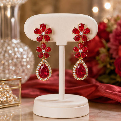 Gold Plated Floral Crystal Drop Earrings for Women