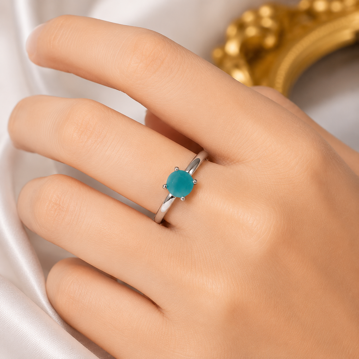 Silver Plated Aqua Stone Adjustable Ring