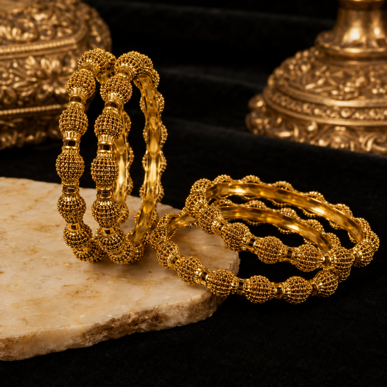 A set of gold bangles with textured, beaded spherical details, displayed on a light stone slab against a black velvet background with ornate gold-toned decorative objects.
