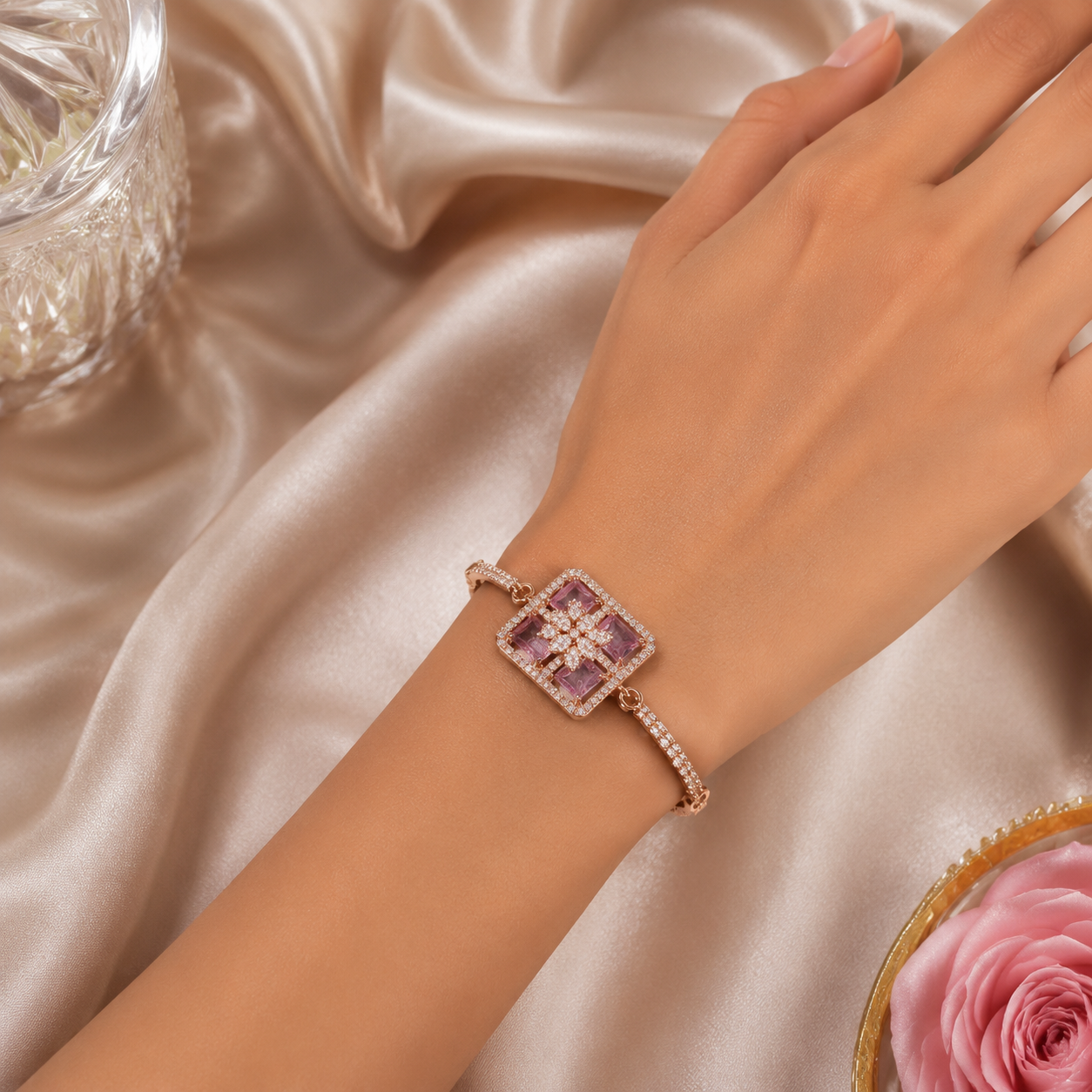 Rose Gold Pink Crystal Floral Bracelet for Women