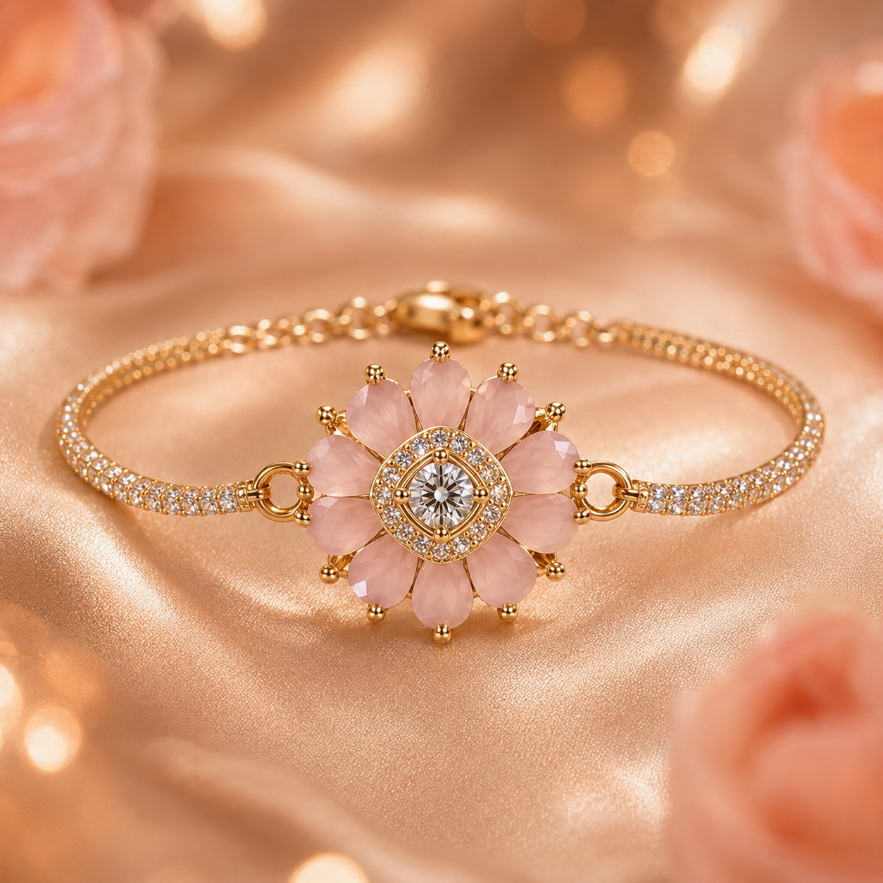 A gold-plated floral bracelet with pale pink rose-shaped stones and a central clear gemstone, displayed on a soft pink satin fabric background.