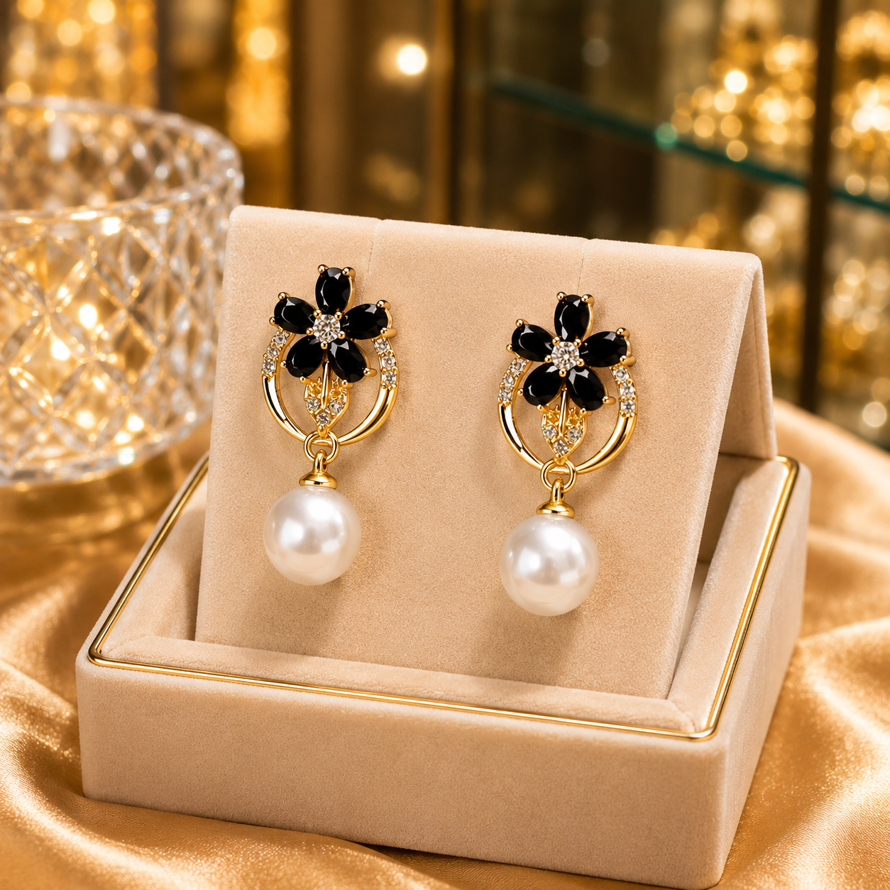 Gold Plated Floral Crystal Drop Earrings for Women