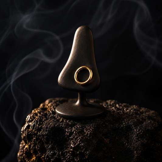 A gold ring displayed on a dark, mushroom-shaped jewelry stand, set on a textured rock with smoky black background.
