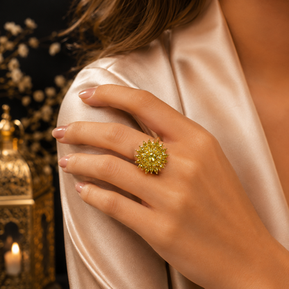 Gold Plated Adjustable Floral Crystal Ring for Women