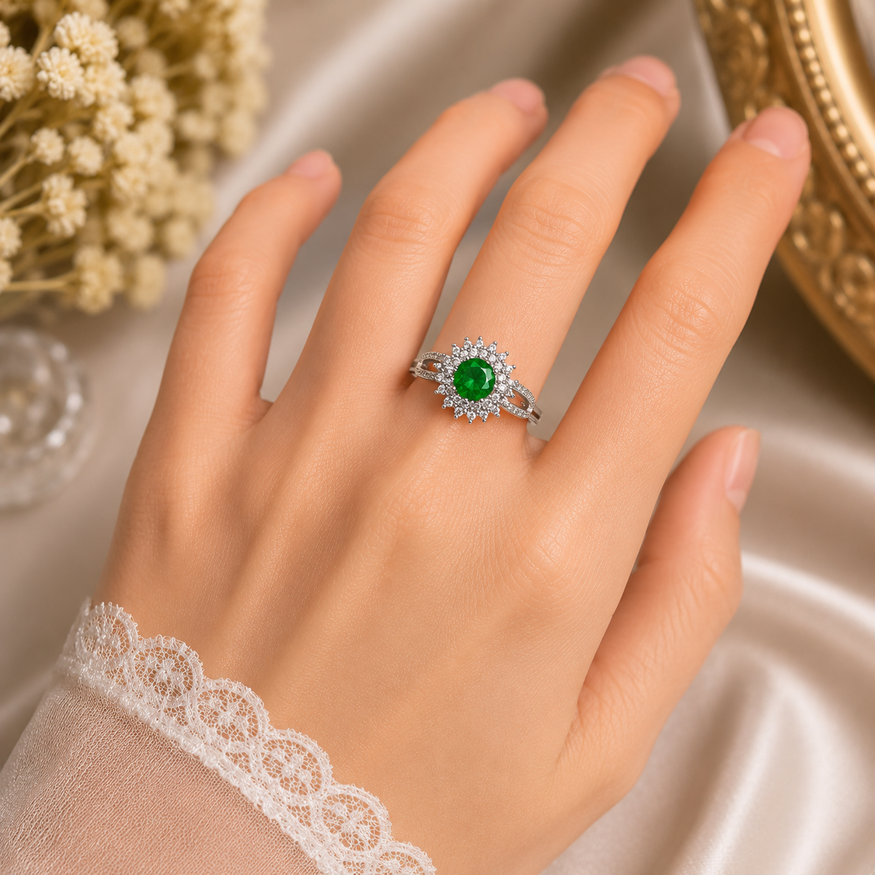Silver Plated Green Halo Adjustable Ring | Color Guarantee | Premium Zircon Ring for Women