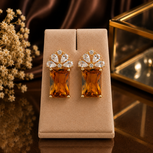 Floral Crystal Rectangle Stone Stud Earrings for Women | Gold Plated