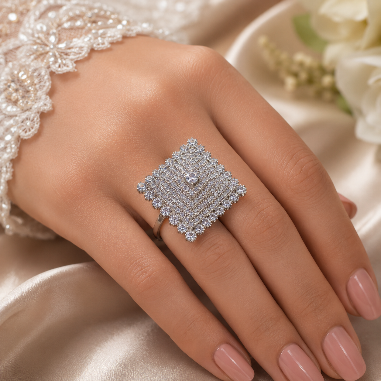 Premium Silver Plated Pyramid Bridal Ring | White Zircon Statement Ring