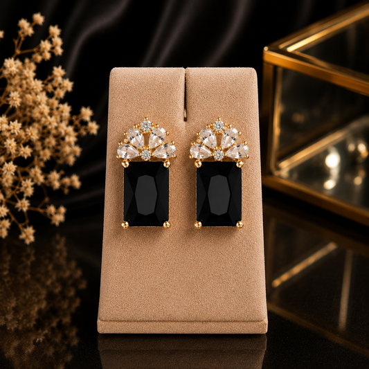 Floral Crystal Rectangle Stone Stud Earrings for Women | Gold Plated