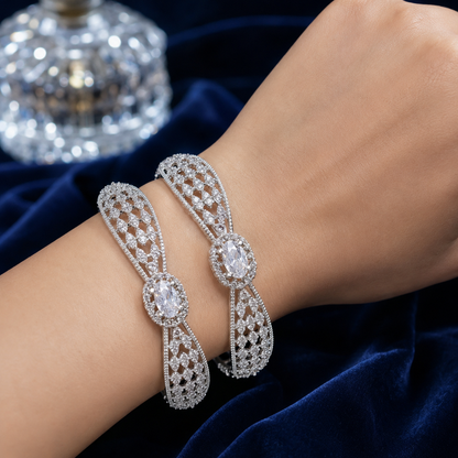 Premium 1 Carat Silver Crystal Bridal Bangles – Oval Stone Pair