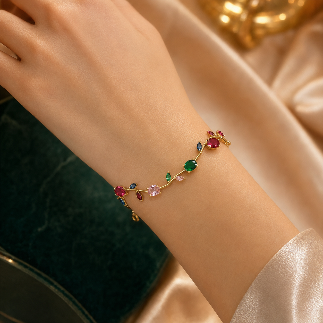 A delicate gold vine bracelet adorned with colorful gemstones, worn on a woman's wrist. The bracelet features green, pink, red, and blue stones set in a gold-toned metal.