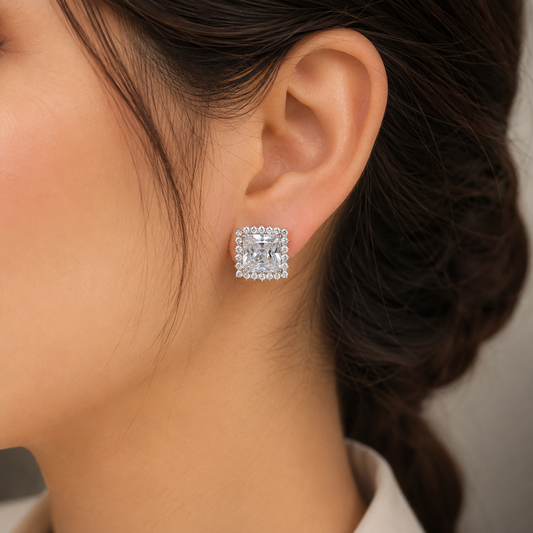 silver Plated Crystal Stud Earrings for Women