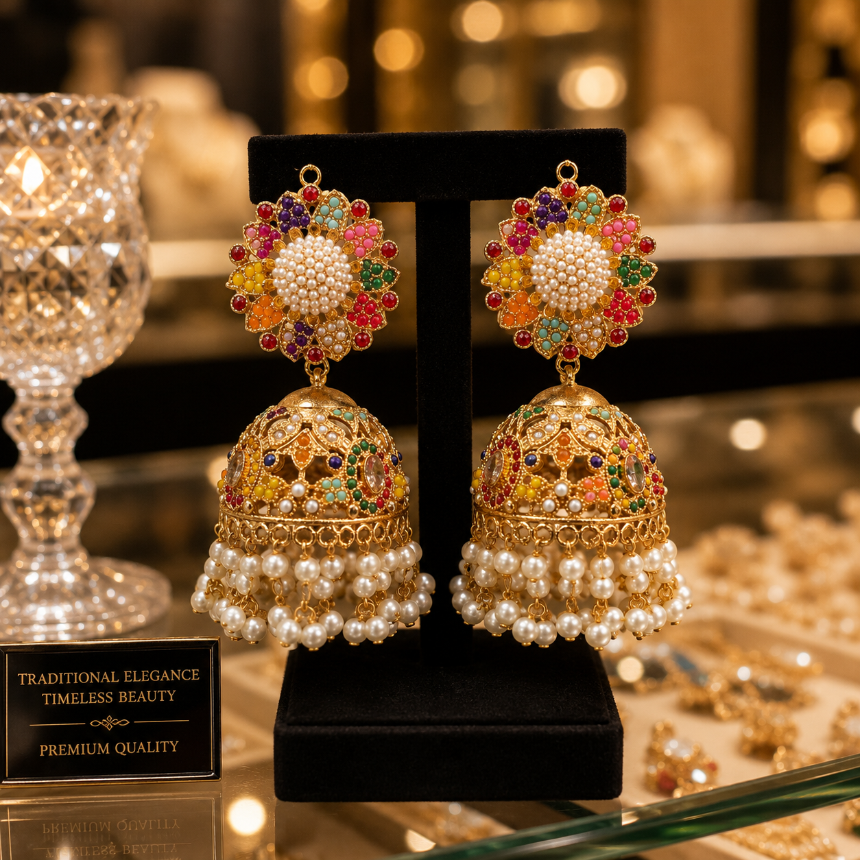 Luxury Multicolor Kundan Pearl Bridal Jhumka Earrings for Women