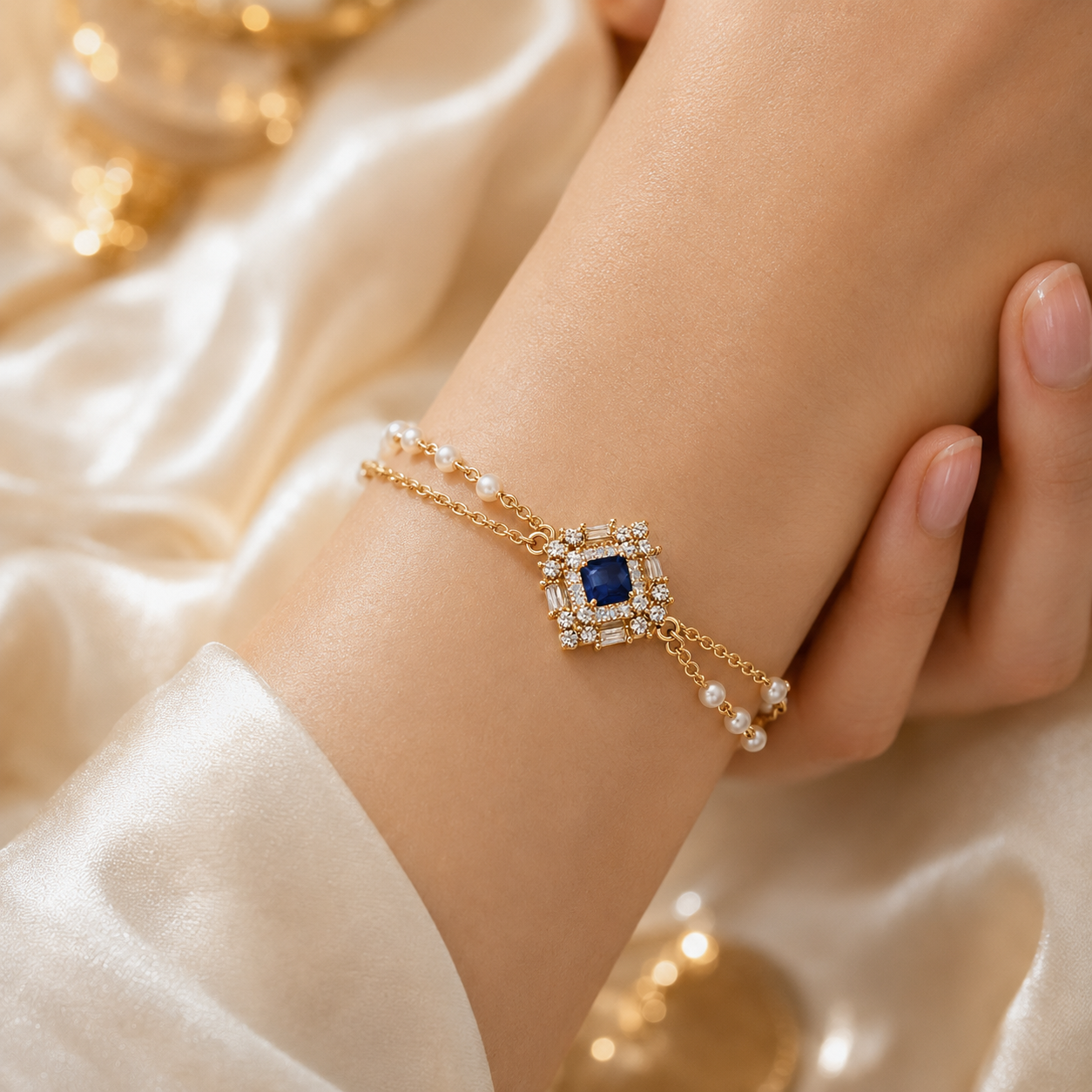 A gold double-strand bracelet with a central square blue gemstone surrounded by clear crystals, accented with small white pearls, shown worn on a person's wrist against a soft cream satin background.