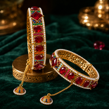 Premium Openable Ruby Stone Bridal Bangles with Jhumka Latkans – Pair