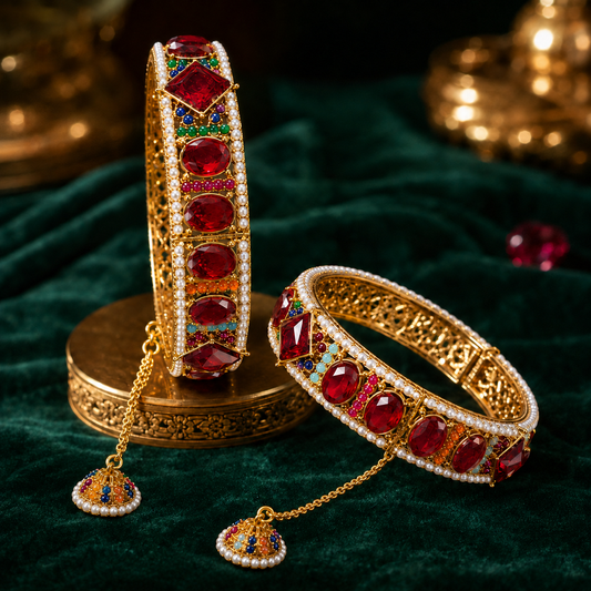 Premium Openable Ruby Stone Bridal Bangles with Jhumka Latkans – Pair