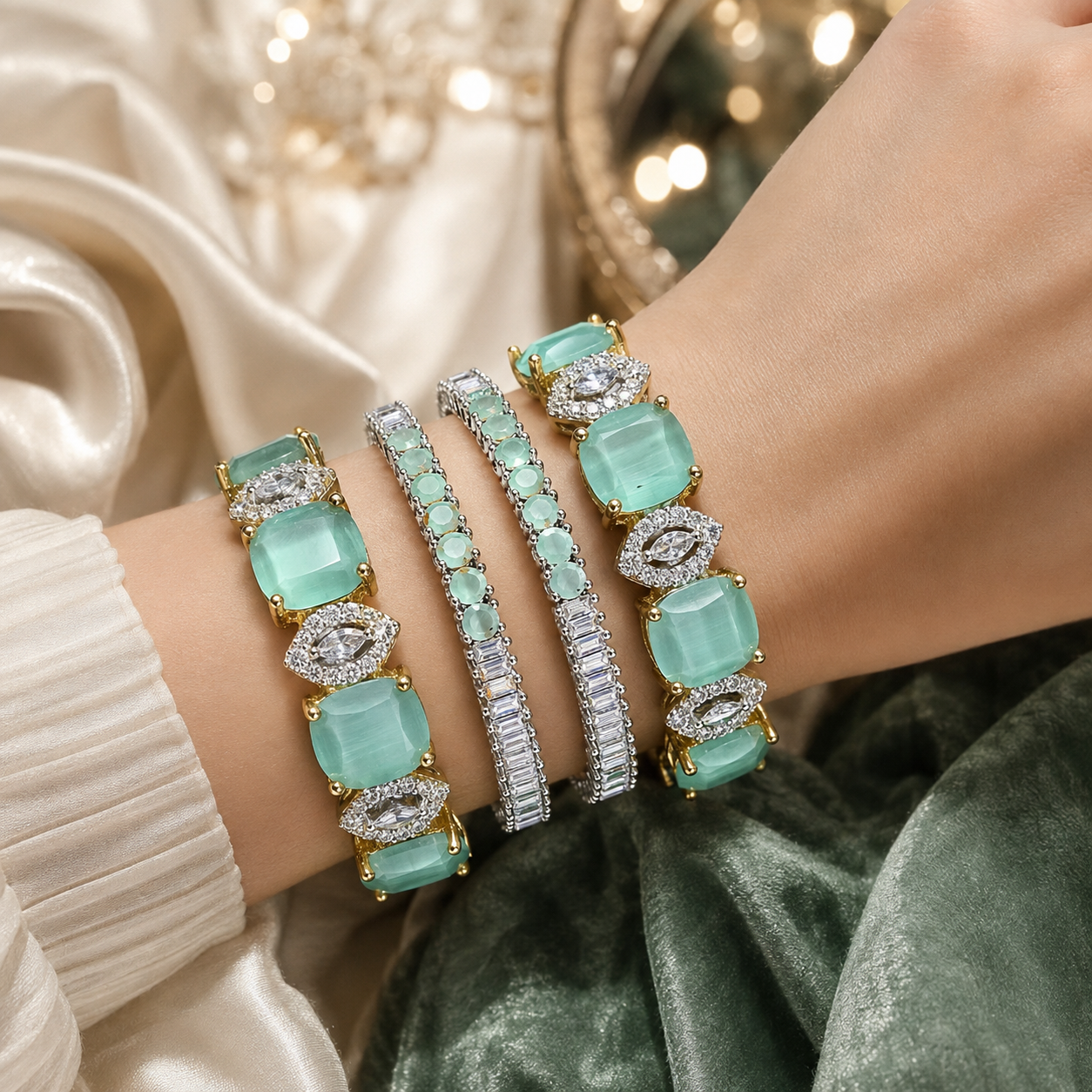 Four elegant bracelets displayed on a person's wrist, featuring mint green rectangular gemstones, clear crystal pavé settings, and a silver-toned channel-set bracelet, styled with cream satin and dark green velvet fabric.