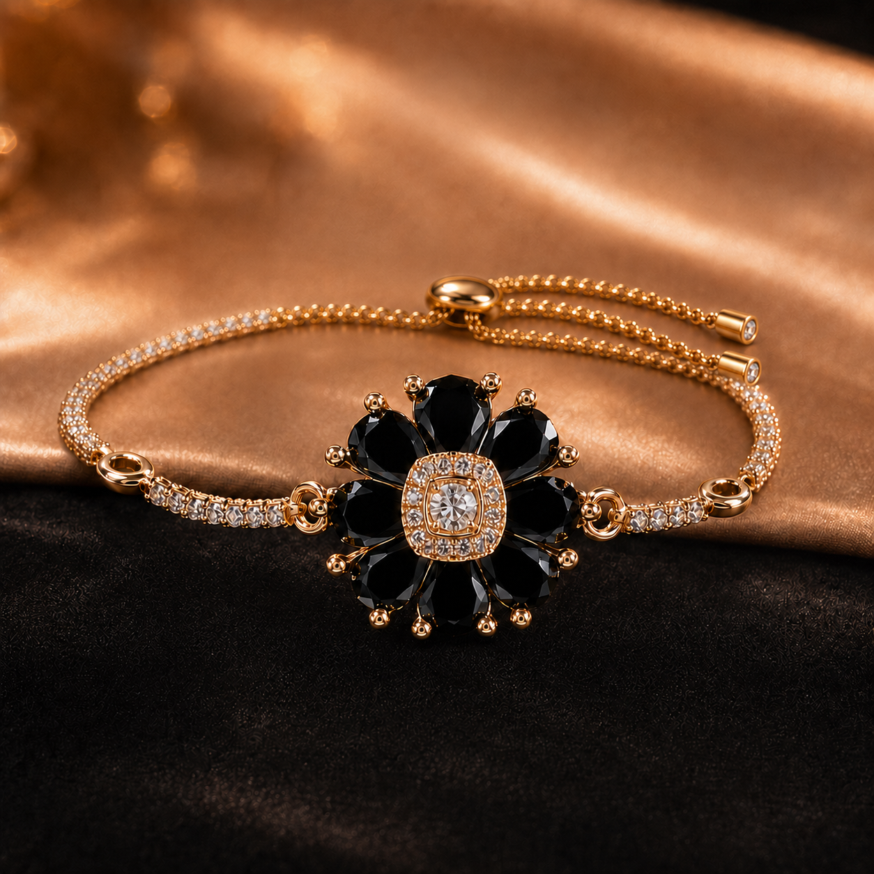 A gold-plated bracelet featuring a central flower motif with black gemstone petals, a clear central stone, and small clear accent stones along the band, displayed on a dark and gold satin background.