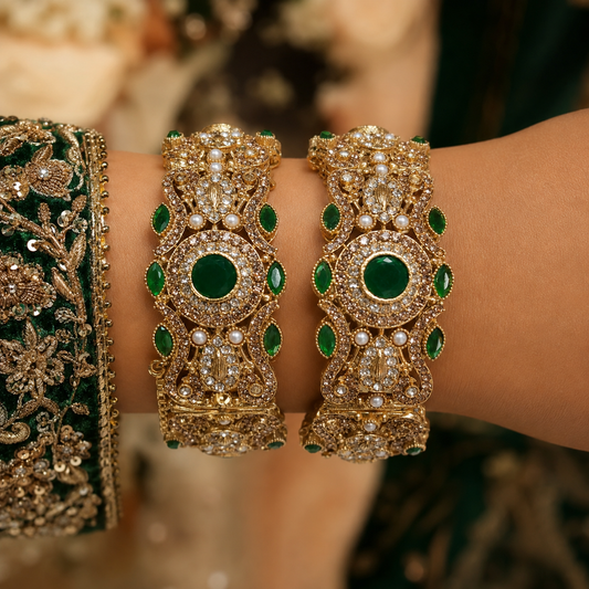 Royal Emerald Green Bridal Bangles – Premium Gold Plated Pair
