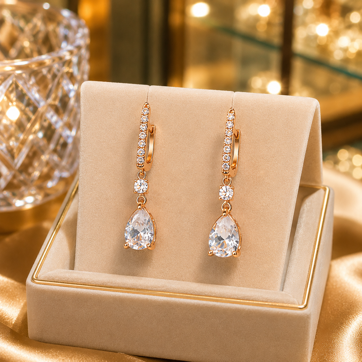 Gold Plated Floral Crystal Drop Earrings for Women