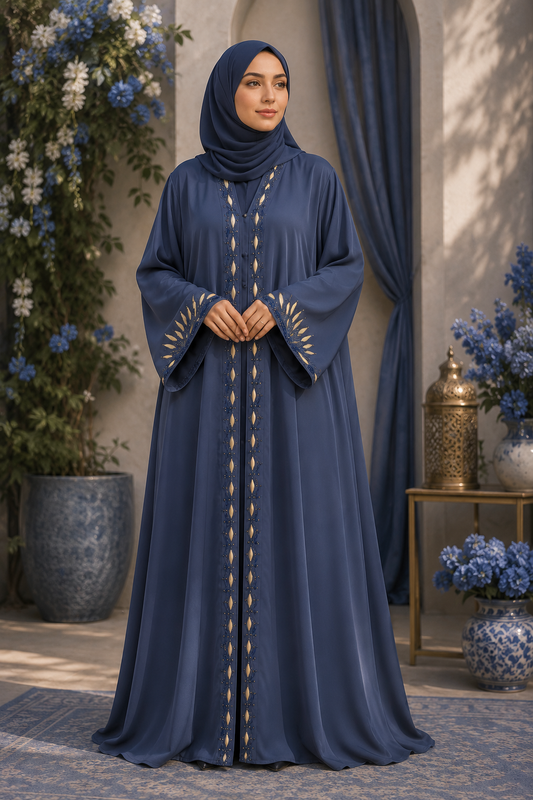 A woman wearing a flowing navy blue abaya with gold geometric embroidery down the front and on the wide sleeves, paired with a matching navy hijab, standing in an elegant courtyard setting.