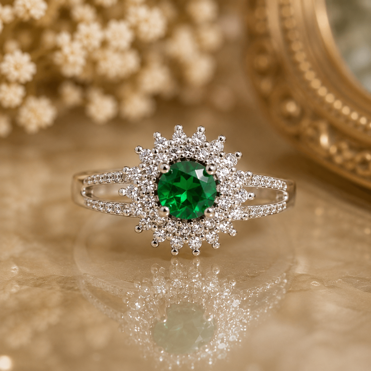 Silver Plated Green Halo Adjustable Ring | Color Guarantee | Premium Zircon Ring for Women
