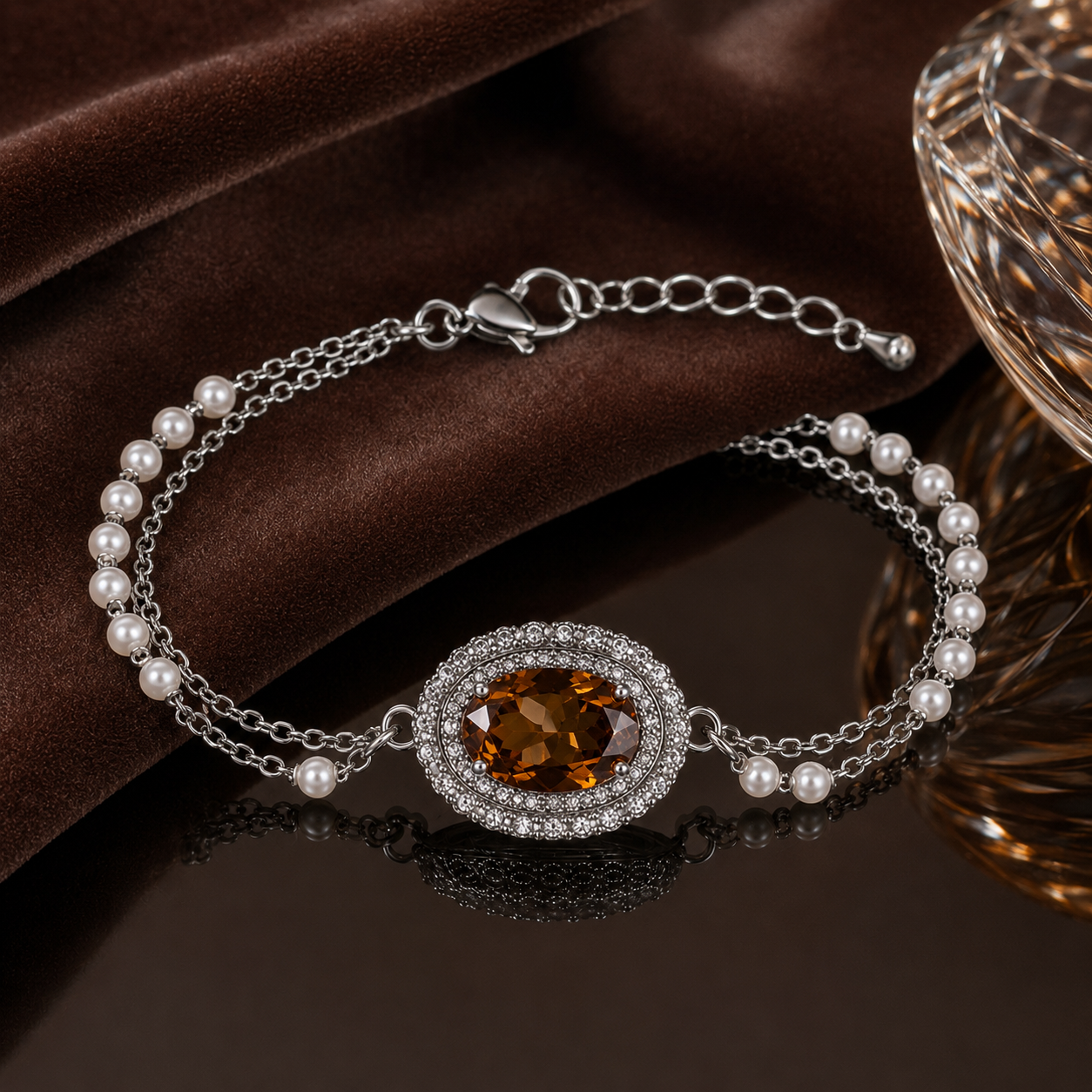 A silver chain bracelet with a central oval halo of clear stones and a warm amber-brown gemstone, accented by small white pearls, displayed on a dark brown velvet surface.