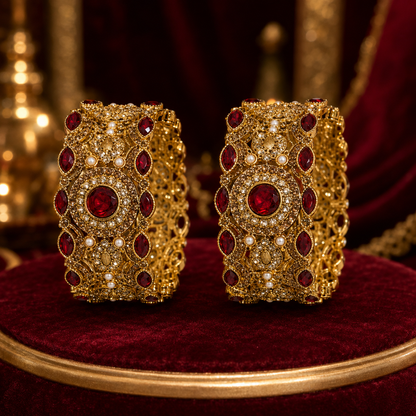 Two ornate gold cuff bracelets with large red gemstones and white pearl accents, displayed side by side on a dark red velvet cushion with a gold rim.