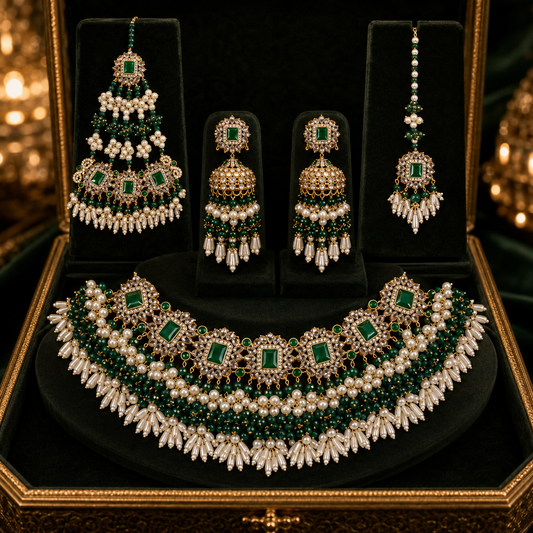 Handmade Emerald Green Bridal Kundan Jewellery Set with Jhumar, Tikka & Earrings