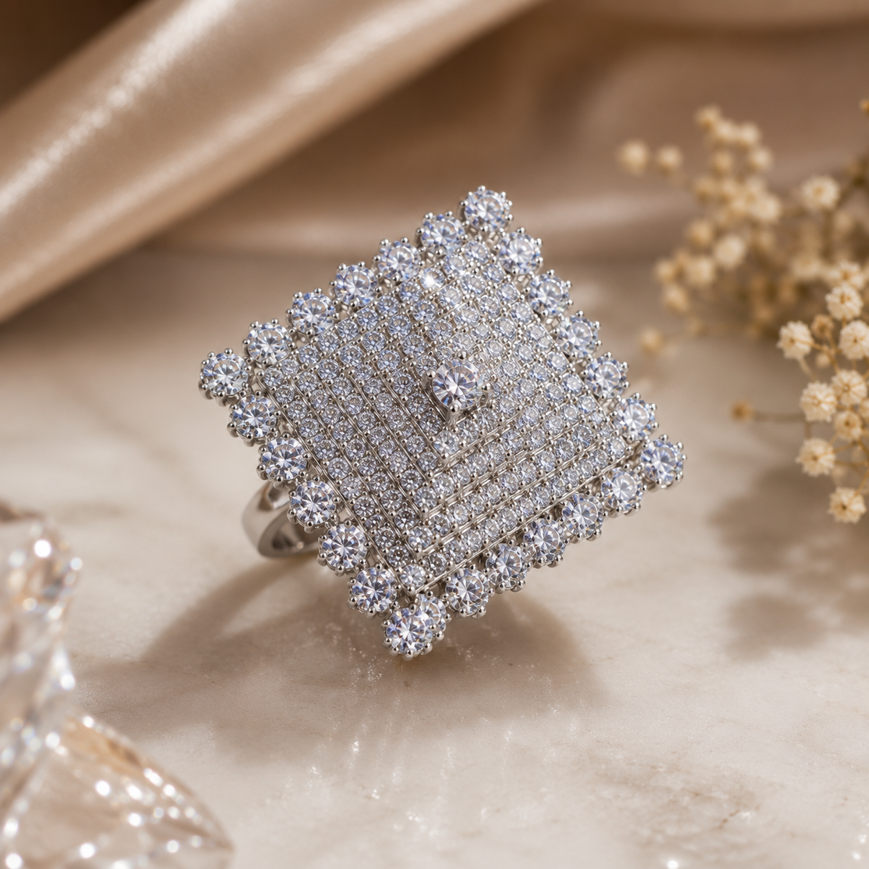 Premium Silver Plated Pyramid Bridal Ring | White Zircon Statement Ring