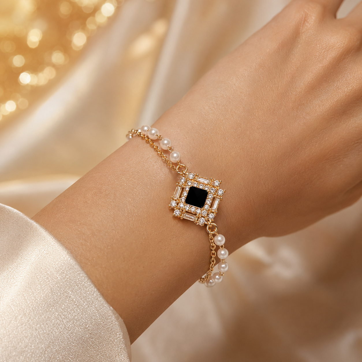 A gold chain bracelet with a central square design featuring a black center stone and surrounded by clear stones, accented with white pearls, shown on a model's wrist.