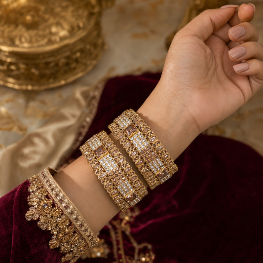 Luxury Gold-Plated Champagne Stone Bridal Bangles