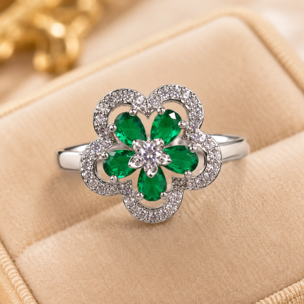 Luxury Silver Plated Adjustable Green Flower Ring