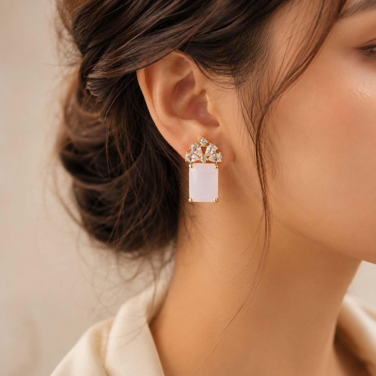 Floral Crystal Rectangle Stone Stud Earrings for Women | Gold Plated